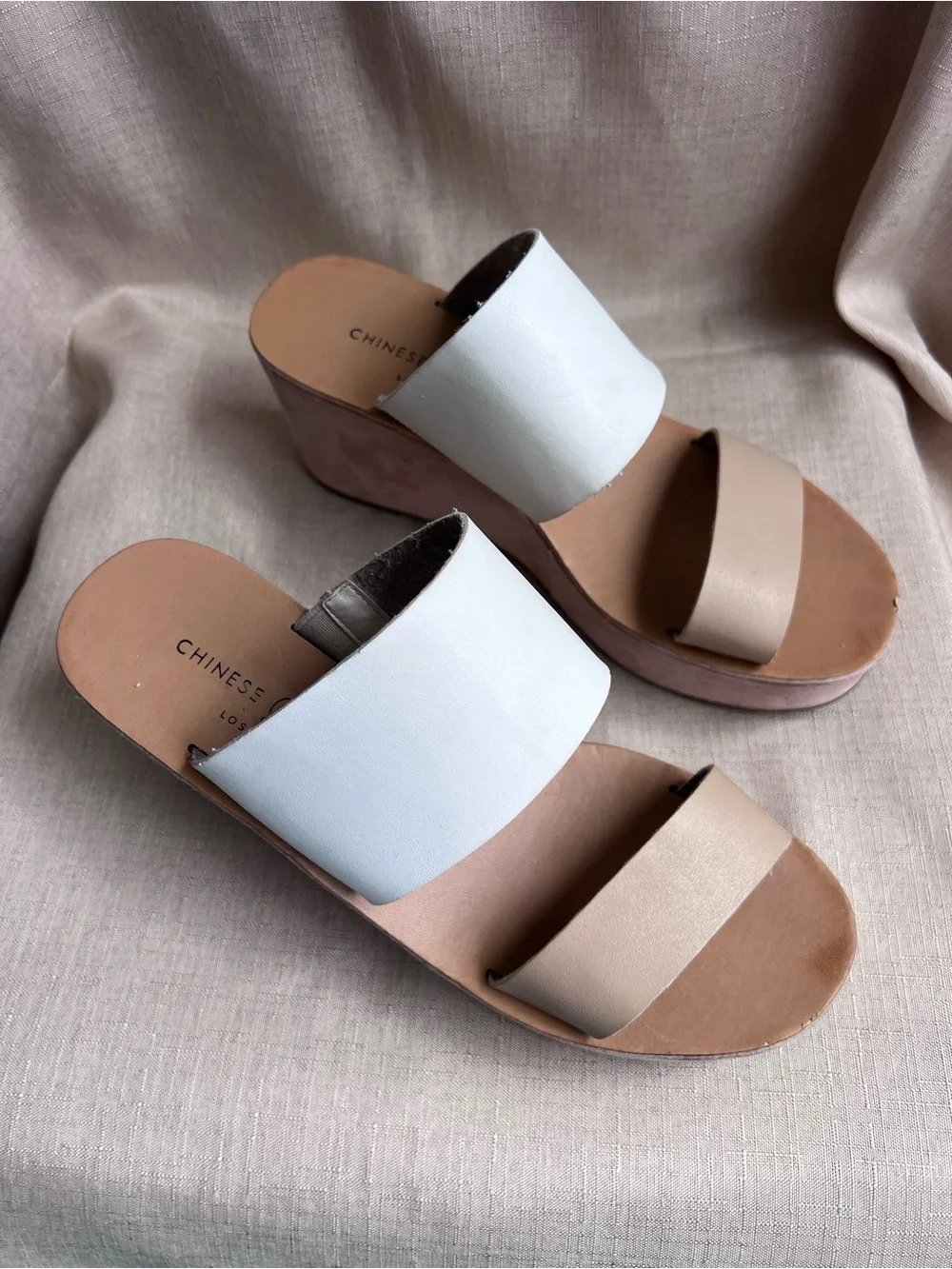 Chinese Laundry White and Beige Double-Band Wedge Sandals